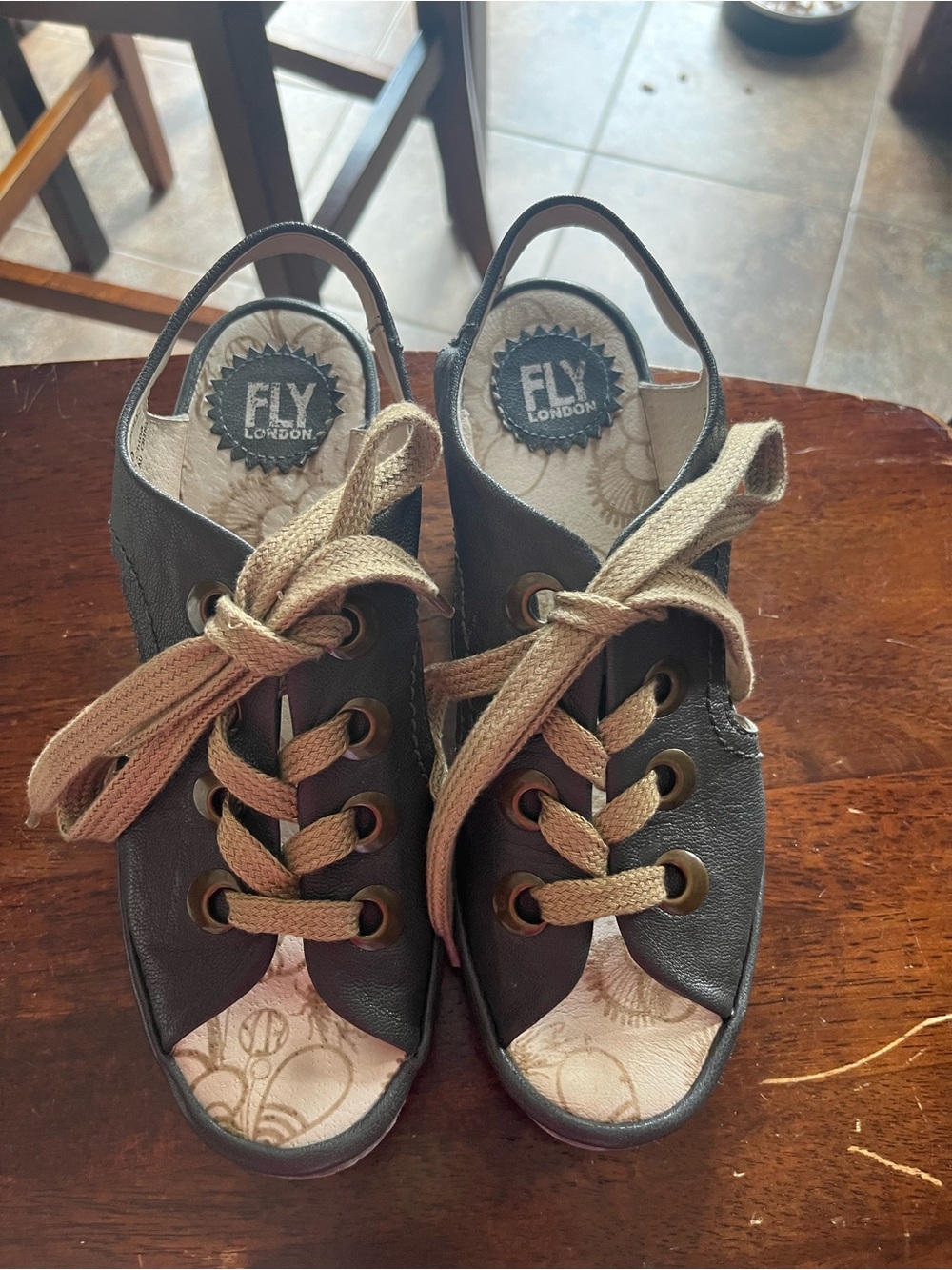 Fly London Black Leather Open-Toe Wedge Sandals with Tan Laces
